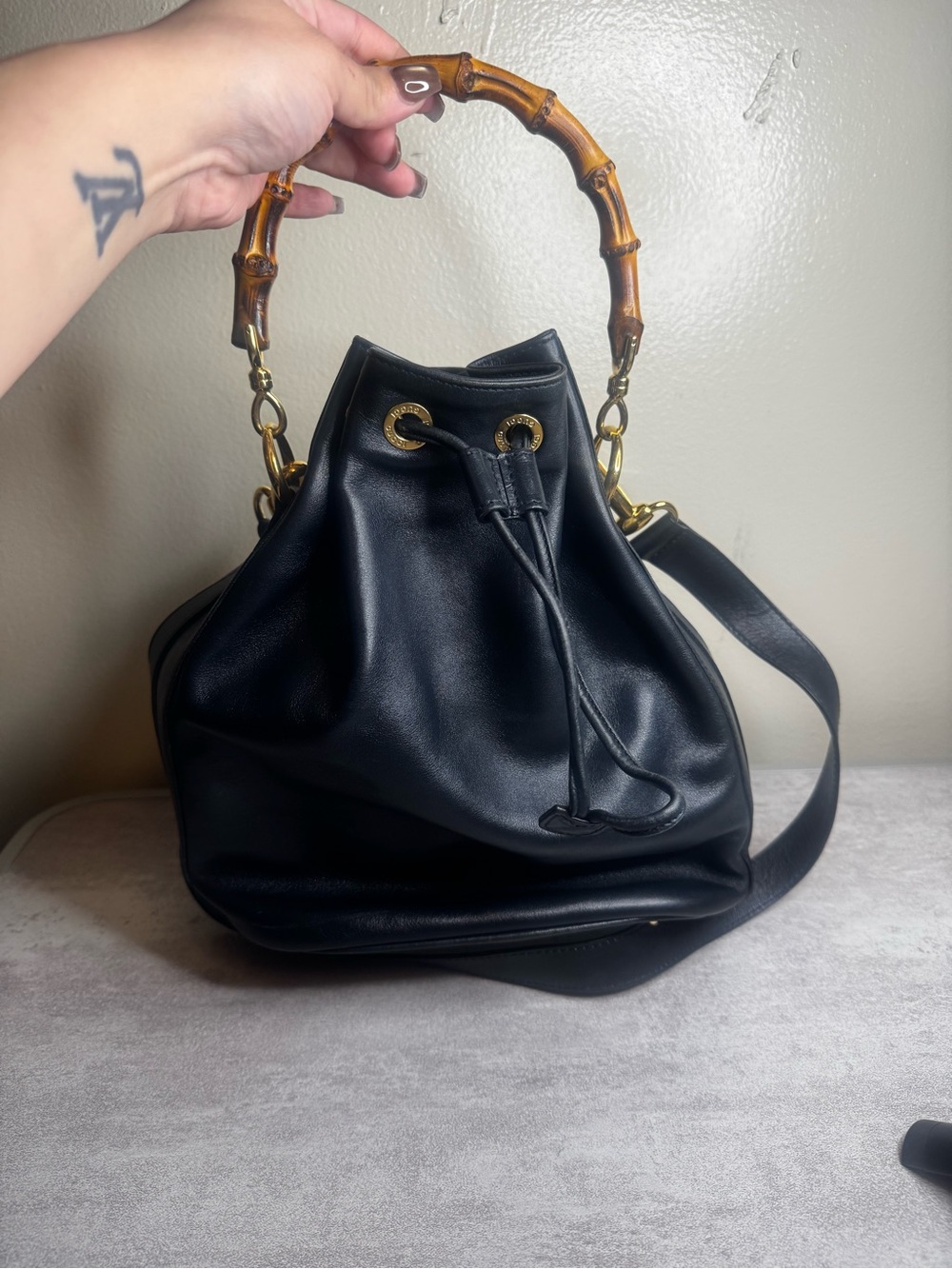 Gucci vintage Black Bamboo-Handle Drawstring Bucket Bag
